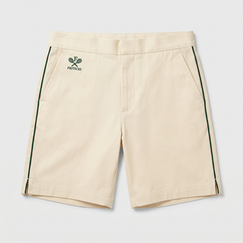 The Court Short in cream ivory — front, single racing-green stripe.