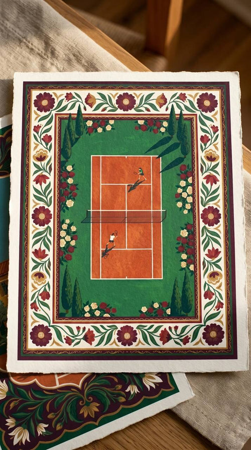 The Court from Above, printed on cotton paper, on linen.
