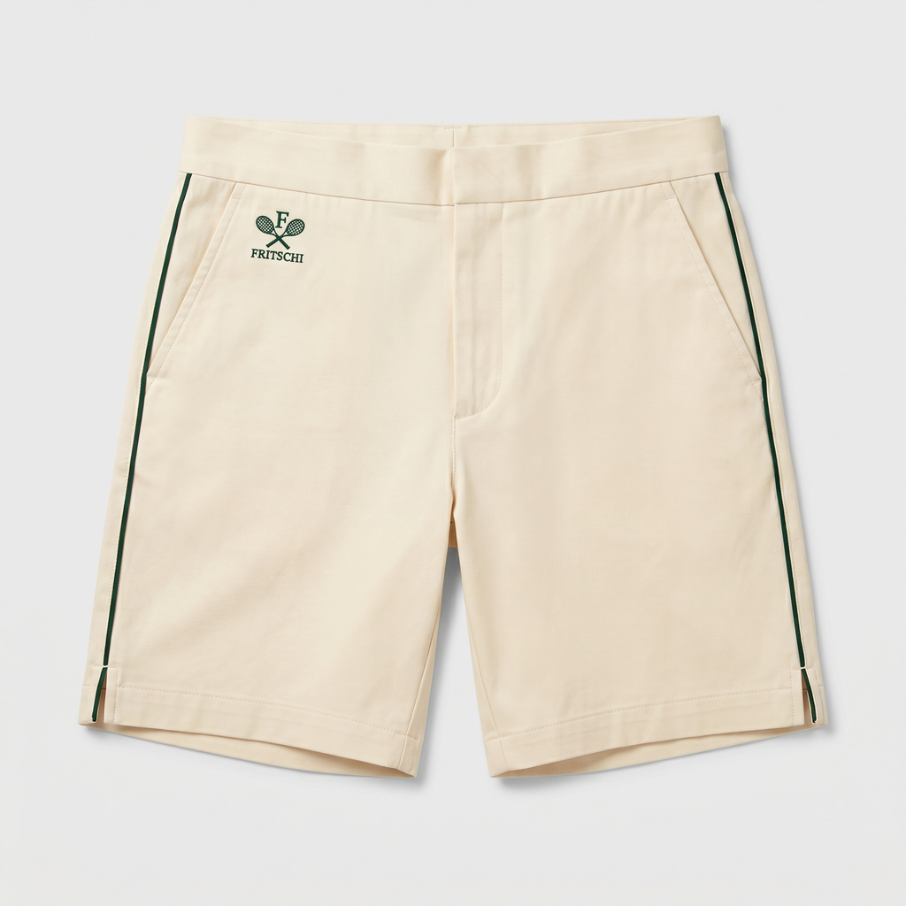 The Court Short in cream ivory — front, single racing-green stripe.