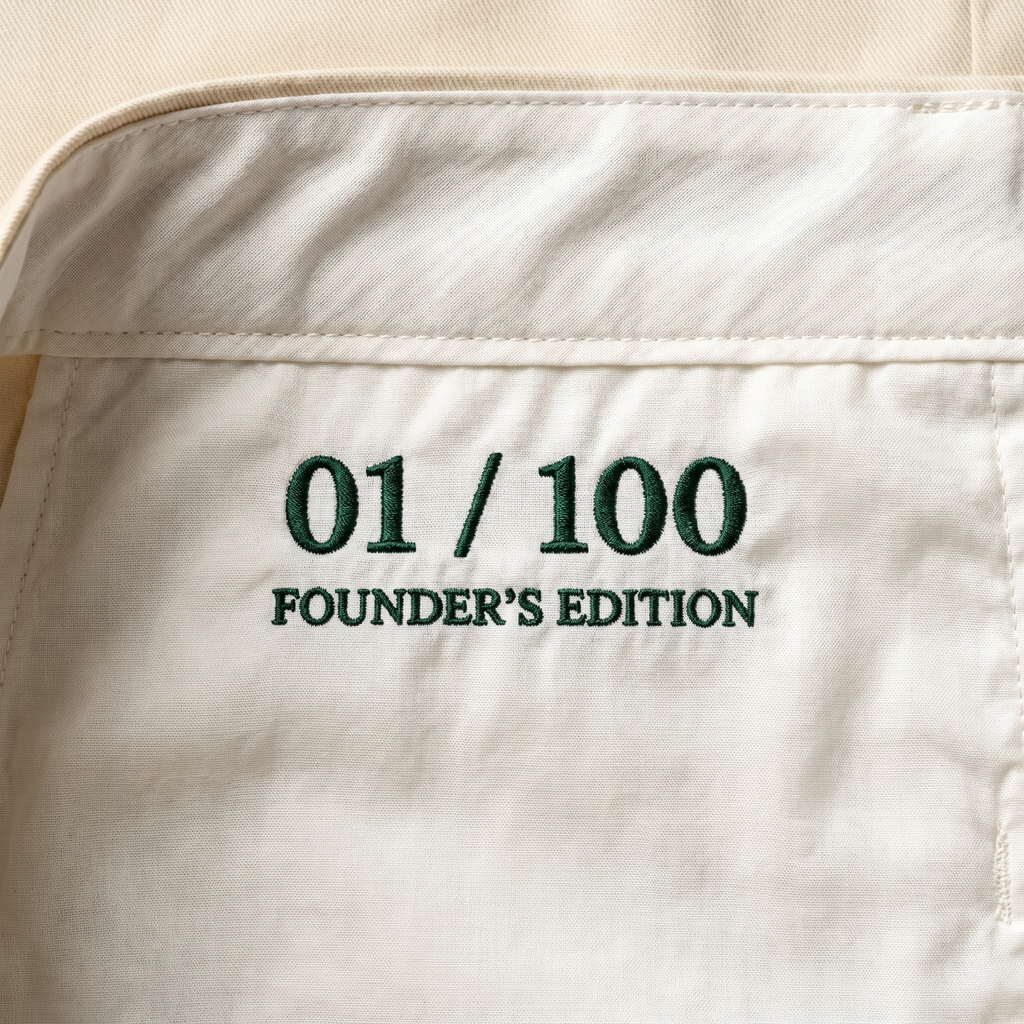 Inside back waistband — hand-numbered 01 / 100 Founder's Edition.